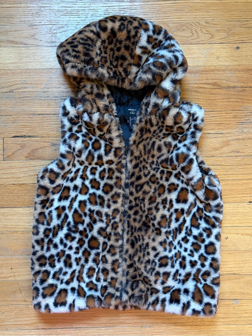 Forever 21 Kids Leopard Print Faux Fur Hooded Vest - Brown & Black